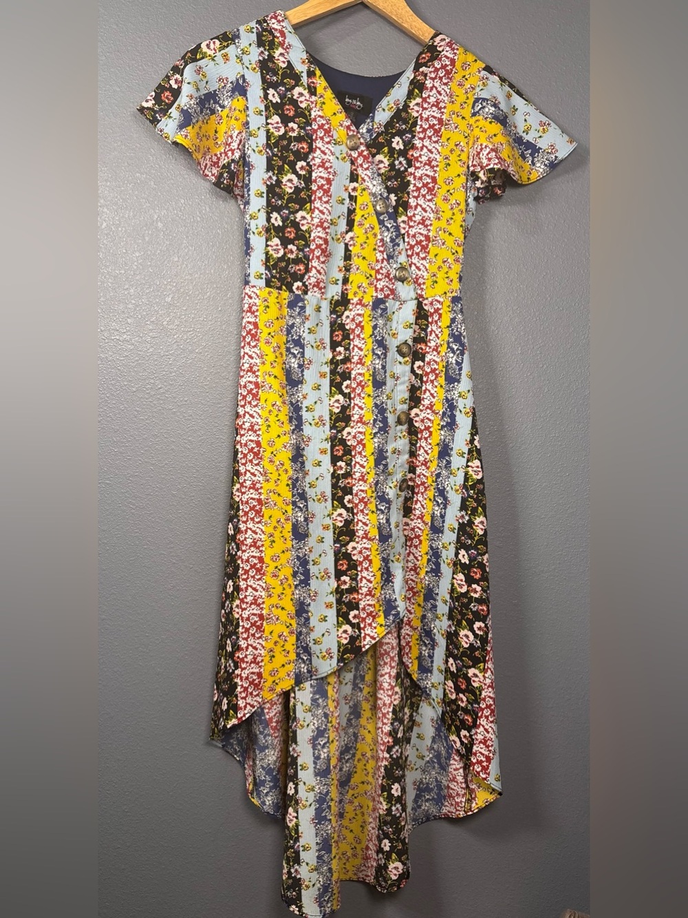 by & by Striped Floral High-Low Dress in Yellow, Blue & Black
